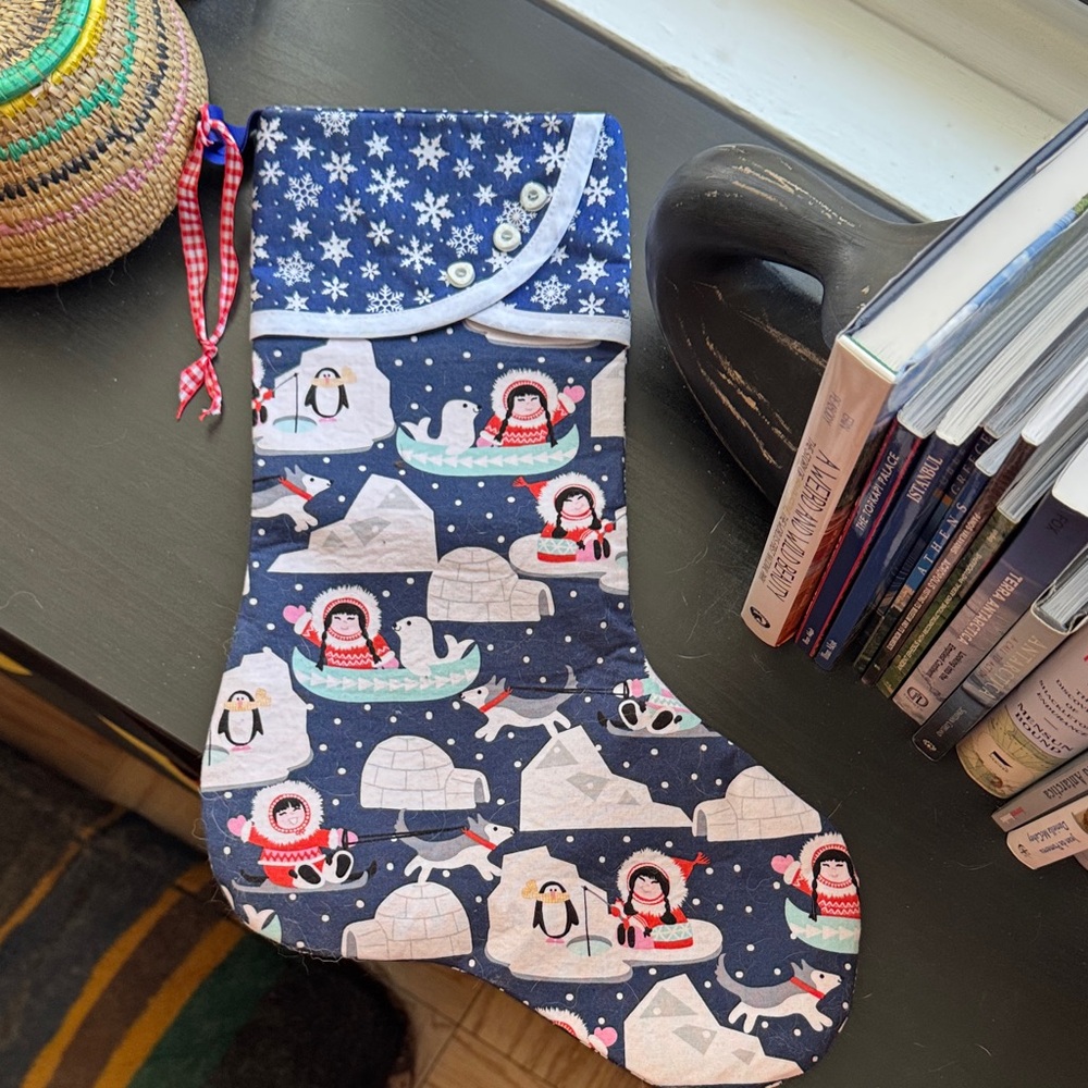 Navy Holiday Stocking with Alaska/ Arctic Themed Print